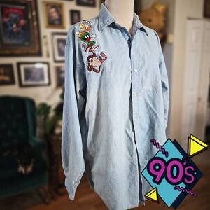 Vintage 90s WB Looney Tunes Denim Shirt Long Sleeve Embroidered Characters